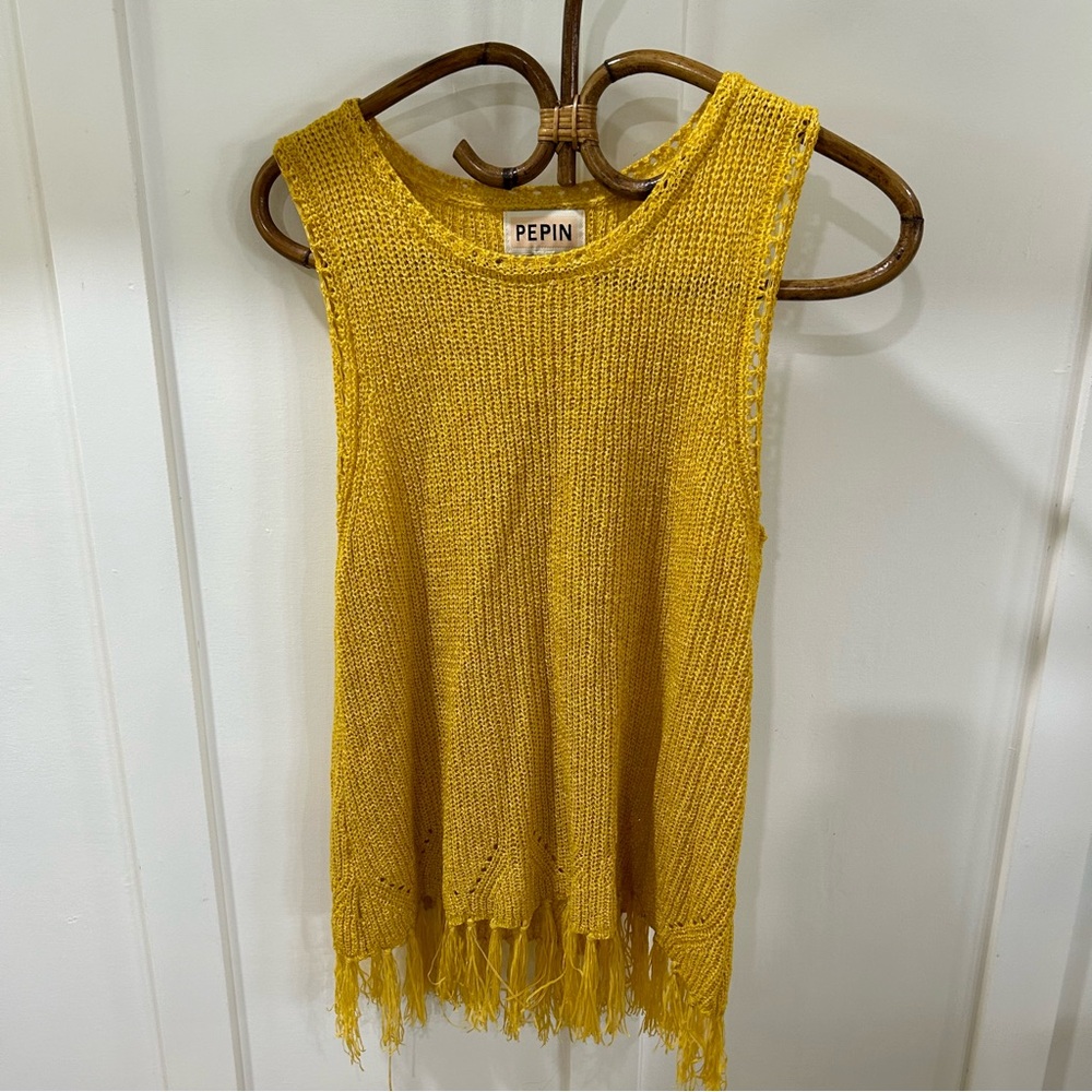 Pepin Anthropologie fringe tank mustard knitted